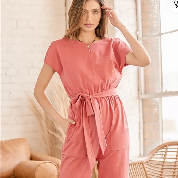 On A Road Trip Washed Red Short Sleeve Jumpsuit